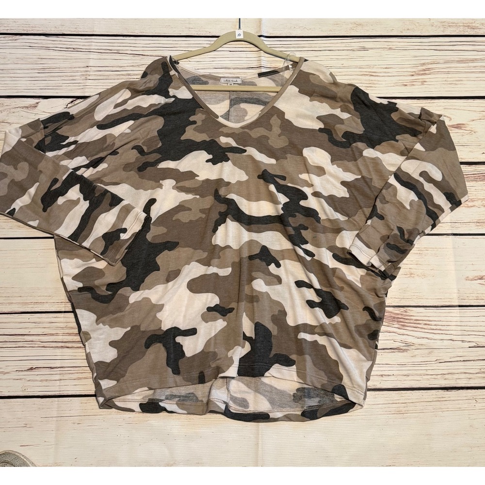 White Birch Camo Print V-Neck Dolman Pullover Top Brown Green 3X